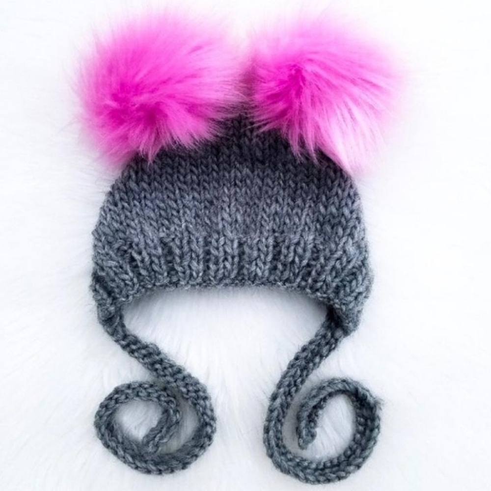 100% wool grey and pink pom pom hat NWT!